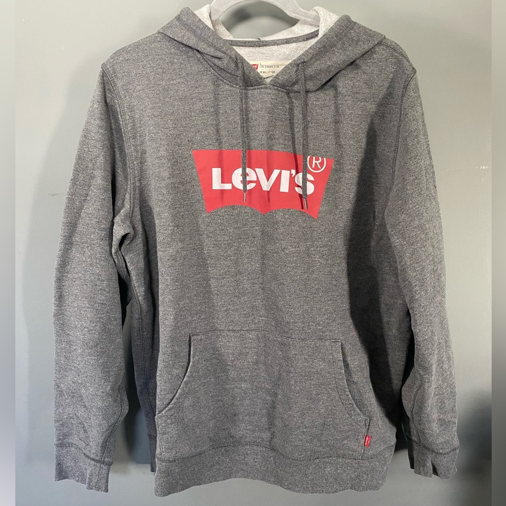 Vintage Levis 90s Men's Fleece Logo Hoodie Gray